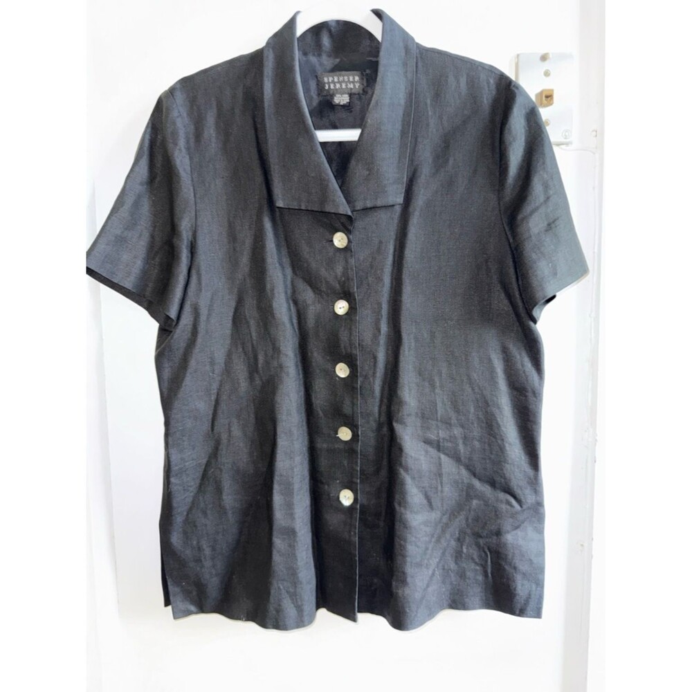 Spenser Jeremy 100% Linen Black Button Down Top Size 14 Vintage Minimalist